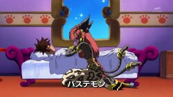 Rule 34 | 1boy, 1girl, age difference, animal ears, bastemon, bed, cat ears, cat girl, cat tail, digimon, digimon (creature), digimon xros wars, kudou taiki, long hair, looking at another, multiple tails, red hair, screencap, sleeping, smile, tail