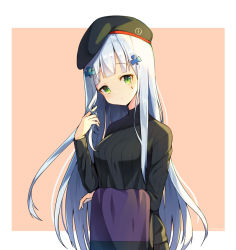 Rule 34 | 1girl, :&lt;, bad id, bad pixiv id, beret, black hat, black sweater, blunt bangs, blush, border, breasts, closed mouth, clover hair ornament, facial mark, girls&#039; frontline, hair ornament, hat, hk416 (girls&#039; frontline), long hair, long sleeves, looking at viewer, medium breasts, orange background, silver hair, simple background, solo, straight hair, sweater, towel, tp (kido 94), twirling hair, twitter username, upper body, very long hair, white border
