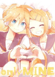 Rule 34 | 1boy, 1girl, :d, ^ ^, bad id, bad pixiv id, blonde hair, blue eyes, brother and sister, closed eyes, commentary request, detached sleeves, english text, closed eyes, hair ornament, hairclip, headphones, heart, heart hands, heart hands duo, kagamine len, kagamine rin, looking at viewer, necktie, open mouth, sailor collar, short hair, siblings, smile, suzumi (fallxalice), twins, vocaloid
