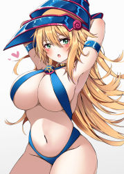 Rule 34 | 1girl, armpits, bad id, bad twitter id, bikini, blonde hair, blue one-piece swimsuit, blue slingshot swimsuit, blush stickers, breasts, criss-cross halter, dark magician girl, duel monster, green eyes, halter top bikini, halter top swimsuit, halterneck, hat, highres, large breasts, long hair, navel, one-piece swimsuit, open mouth, simple background, slingshot swimsuit, solo, swimsuit, trista (makkoivenus), white background, wizard hat, yu-gi-oh!