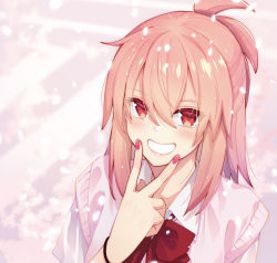 Rule 34 | 1girl, akino sora, blurry, blurry background, bow, collared shirt, commentary request, crosswalk, depth of field, grin, hair between eyes, hand up, highres, long hair, looking at viewer, nail polish, petals, pink hair, purple nails, red bow, red eyes, sakurai-san wa kizuite hoshii, sakurai sakuya, shirt, smile, solo, sweater vest, upper body, v over mouth, white shirt
