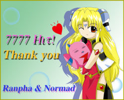 Rule 34 | 00s, 1girl, artist request, bare legs, blonde hair, border, bracelet, brown eyes, carrying, character name, dress, english text, engrish text, facial mark, forehead mark, galaxy angel, gloves, hair ornament, hairclip, heart, jewelry, long hair, looking at viewer, lowres, normad, one eye closed, ranguage, ranpha franboise, red eyes, side slit, thighlet, very long hair, wink