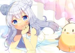Rule 34 | + +, 1girl, azur lane, bare shoulders, blue eyes, blush, closed mouth, collarbone, commentary request, commission, curtains, double bun, dress, frilled dress, frills, grey hair, hair between eyes, hair bun, kou hiyoyo, le malin (azur lane), long hair, looking at viewer, lying, manjuu (azur lane), on stomach, skeb commission, sleeveless, sleeveless dress, solo, very long hair, white dress