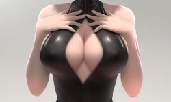 Rule 34 | 1girl, bare shoulders, breast focus, breasts, cleavage, front zipper swimsuit, hands on own chest, head out of frame, large breasts, meme attire, one-piece swimsuit, original, simple background, siraha, solo, swimsuit, unzipped, zipper