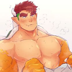 Rule 34 | 1boy, bara, blush, bowser, claws, closed mouth, collarbone, furry, furry male, grey background, highres, horns, humanization, large pectorals, light smile, male focus, mario (series), muscular, muscular male, nintendo, nipples, pectorals, pointy ears, red eyes, red hair, short hair, simple background, solo, sweatdrop, thick eyebrows, undercut, yowasabimechaoc