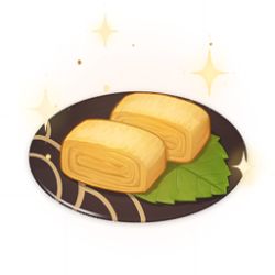 Rule 34 | artist request, commentary, english commentary, food, food focus, game cg, genshin impact, leaf, lowres, no humans, official art, omelet, plate, simple background, sparkle, still life, tamagoyaki, third-party source, transparent background