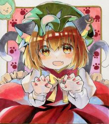 Rule 34 | 1girl, :d, animal ear fluff, animal ear piercing, animal ears, bow, bowtie, brown eyes, brown hair, cat ears, cat tail, chen, claw pose, commentary request, dress, earrings, fang, green headwear, hair between eyes, hands up, hat, highres, jewelry, looking at viewer, mob cap, multiple tails, nail polish, nekomata, open mouth, paw print, paw print background, red dress, red nails, short hair, single earring, skin fang, smile, solo, tail, torajirou (toraneko zirou), touhou, traditional media, two tails, v-shaped eyebrows, yellow bow, yellow bowtie