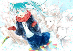 Rule 34 | 1girl, aqua eyes, aqua hair, hatsune miku, issa (sorako45), jewelry, mittens, musical note, necklace, open mouth, red mittens, skirt, solo, twintails, vocaloid