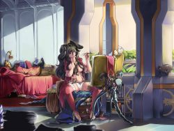 Rule 34 | 1girl, bag, barefoot, bed, bird, boots, breasts, brown eyes, cat, ceda (dace), cube, earth (planet), garter straps, grey hair, horns, indoors, large breasts, leggings, monster girl, navel, open clothes, open shirt, original, panties, peeking, planet, quill, red leggings, shirt, sitting, skeleton, solo, spread legs, toeless legwear, toes, underwear, when you see it