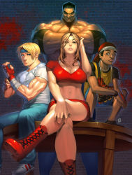 Rule 34 | 1990s (style), 1girl, 3boys, adidas, axel stone, backwards hat, bandages, streets of rage, streets of rage 2, bare knuckle ii: shitou he no chinkonka, baseball cap, beads, black hair, blaze fielding, blonde hair, blood, blood splatter, blue eyes, boots, bra, bra strap, breasts, brick wall, brown eyes, cleavage, crop top, cross-laced footwear, crossed arms, dark-skinned male, dark skin, denim, eddie &#039;skate&#039; hunter, elbow pads, everyone, fingerless gloves, gloves, hair over one eye, hand on leg, hand on own head, hat, headband, highleg, highleg panties, inline skates, jeans, jewelry, lace-up boots, large breasts, crossed legs, light smile, lips, long hair, looking at viewer, lost-tyrant, max hatchett, max thunder, midriff, miniskirt, multiple boys, muscular, navel, necklace, panties, pants, parted lips, pencil skirt, pink panties, red gloves, retro artstyle, roller skates, sammy hunter, scar, scar across eye, scar on face, sega, shirt, topless male, shoes, short hair, short sleeves, shorts, sideburns, signature, sitting, skate hunter, skates, skirt, smile, sneakers, squatting, t-shirt, table, tank top, taut clothes, taut shirt, thong, toned, underwear, veins, white bra
