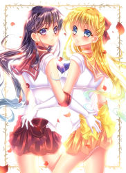 Rule 34 | 2girls, absurdres, aino minako, back bow, bishoujo senshi sailor moon, black hair, blonde hair, blouse, blue eyes, blush, bow, circlet, closed mouth, collared shirt, cowboy shot, earrings, elbow gloves, floating hair, from behind, gloves, hair between eyes, hair bow, highres, hino rei, jewelry, long hair, looking at viewer, miniskirt, multiple girls, parted lips, petals, pleated skirt, purple eyes, red bow, red sailor collar, red skirt, sailor collar, sailor mars, sailor senshi uniform, sailor shirt, sailor venus, shiny clothes, shirt, skirt, sleeveless, sleeveless shirt, smile, standing, touki matsuri, very long hair, white gloves, white shirt, yellow bow, yellow sailor collar, yellow skirt