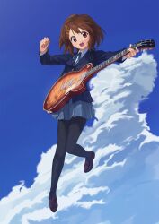 Rule 34 | 1girl, :d, black pantyhose, blazer, blue jacket, blue ribbon, blue sky, blush, brown eyes, brown footwear, brown hair, cloud, collared shirt, commentary request, electric guitar, full body, grey skirt, guitar, hair between eyes, hair ornament, hairclip, highres, hirasawa yui, holding, holding instrument, instrument, jacket, k-on!, loafers, long sleeves, looking at viewer, mandei (nao 1234567), neck ribbon, open mouth, outdoors, pantyhose, pleated skirt, ribbon, sakuragaoka high school uniform, school uniform, shirt, shoes, short hair, skirt, sky, smile, solo, teeth, upper teeth only, white shirt, winter uniform
