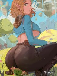 Rule 34 | 1girl, 1other, :o, ?, ??, ass, black gloves, black pants, braid, breasts, brown hair, commentary, crop top, crop top overhang, english commentary, from behind, gloves, green eyes, heart, korok, large breasts, long sleeves, mirai hikari, nintendo, open mouth, outdoors, pants, patreon username, pointy ears, princess zelda, short hair, squatting, the legend of zelda, the legend of zelda: tears of the kingdom, thighs, tree, underboob