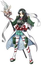 Rule 34 | 1girl, armor, artist request, beads, full body, green hair, hachimaki, hand on own hip, headband, holding, holding polearm, holding spear, holding weapon, long hair, nanao (oshiro project), official art, oshiro project:re, oshiro project:re, polearm, prayer beads, solo, spear, thick eyebrows, thighhighs, transparent background, weapon, yellow eyes