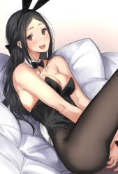 Rule 34 | 1girl, :d, animal ears, bad id, bad twitter id, black hair, bow, bowtie, brown eyes, covering privates, covering crotch, detached collar, fake animal ears, fang, fishnet pantyhose, fishnets, long hair, mole, mole under eye, open mouth, original, pantyhose, playboy bunny, rabbit ears, rabbit tail, smile, solo, tail, tsukino wagamo, wrist cuffs