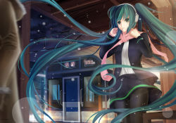 Rule 34 | 1girl, absurdres, black pantyhose, earmuffs, green eyes, green hair, hatsune miku, highres, long hair, matching hair/eyes, pantyhose, rayxray, scarf, skirt, snowing, solo, train, train station, twintails, very long hair, vocaloid, winter clothes
