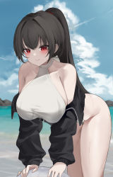 Rule 34 | 1girl, absurdres, ball, beachball, bent over, black hair, black jacket, blue sky, blush, breasts, casual one-piece swimsuit, closed mouth, cloud, commentary, day, haku (liiixixixiii), highres, jacket, large breasts, long hair, long sleeves, looking at viewer, one-piece swimsuit, open clothes, open jacket, original, outdoors, ponytail, red eyes, sideboob, sky, smile, solo, swimsuit, swimsuit under clothes, symbol-only commentary, thigh gap, unzipped, very long hair, water, white one-piece swimsuit