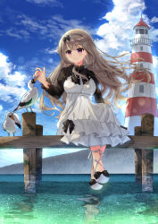 Rule 34 | 1girl, anbiya h, bird, brown eyes, character request, cloud, copyright request, day, dock, dress, highres, light brown hair, lighthouse, long hair, looking at viewer, ocean, outdoors, sandals, seagull, sky, smile, solo, summer, sundress, water, white dress