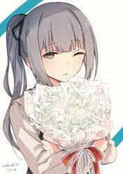 Rule 34 | 1girl, alternate costume, bouquet, brown eyes, flower, grey hair, hair ribbon, hugging object, kantai collection, kasumi (kancolle), long hair, looking at viewer, one eye closed, ribbon, satsumi, side ponytail, solo, upper body, white background