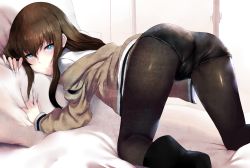 Rule 34 | 1girl, 5pb., all fours, ass, black pantyhose, blue eyes, brown hair, cameltoe, from behind, hews, jacket, pantyhose under shorts, long hair, looking at viewer, looking back, makise kurisu, nitroplus, off shoulder, pantyhose, pantyhose under shorts, parted lips, pillow, pillow grab, science adventure, short shorts, shorts, solo, steins;gate, top-down bottom-up