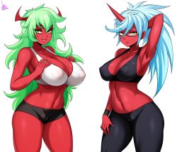 Rule 34 | 2girls, absurdres, armpits, blue hair, breasts, cameltoe, cleft of venus, colored skin, covered erect nipples, demon girl, demon horns, fang, glasses, green hair, hair between eyes, hand on own thigh, high heels, highres, horn, horns, jmg, kneesocks (psg), large breasts, lips, long hair, multiple girls, navel, open mouth, panty &amp; stocking with garterbelt, pointy ears, red skin, scanty (psg), short shorts, shorts, siblings, simple background, sisters, spiked hair, thick thighs, thighs, very long hair, white background