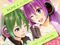 Rule 34 | 2girls, bad id, bad pixiv id, green eyes, green hair, gumi, happy synthesizer (vocaloid), headphones, ichiko oharu, megurine luka, microphone, multiple girls, open mouth, pink hair, short hair, smile, vintage microphone, vocaloid, wink