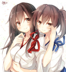 Rule 34 | 10s, 2girls, akagi (kancolle), brown eyes, brown hair, hand on another&#039;s cheek, hand on another&#039;s face, hug, hug from behind, japanese clothes, kaga (kancolle), kantai collection, long hair, looking at viewer, multiple girls, one-hour drawing challenge, side ponytail, signature, sketch, smile, tasuki, toosaka asagi