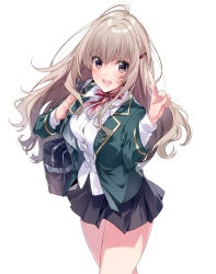 Rule 34 | 1girl, :d, absurdres, ahoge, asahina-san quest, asahina mai (asahina-san quest), bag, black skirt, blazer, blush, bow, breasts, brown eyes, cowboy shot, dress shirt, green jacket, hair ornament, hairclip, hand up, highres, index finger raised, jacket, large breasts, light brown hair, long hair, long sleeves, looking at viewer, miniskirt, novel illustration, official art, open clothes, open jacket, open mouth, red bow, red neckwear, school bag, school uniform, shirt, simple background, skirt, smile, solo, teeth, textless version, u35, untucked shirt, upper teeth only, v-shaped eyebrows, wavy hair, white background, white shirt
