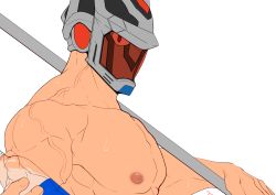 Rule 34 | 1boy, absurdres, algernon (housamo), bara, carrying over shoulder, colored sclera, crow (siranui), helmet, highres, incoming drink, large pectorals, looking at viewer, male focus, muscular, muscular male, nipples, nude, pectorals, red eyes, solo, sweat, tokyo houkago summoners, unfinished, white background, yellow sclera