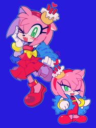 Rule 34 | 1girl, amy rose, animal ears, animal nose, bare shoulders, belt, blue background, bow, bracelet, breasts, chibi, dress, eyelashes, fang, full body, fur trim, furry, furry female, gloves, gold bracelet, green eyes, hairband, half-closed eye, hand on own face, hand up, heart, hedgehog ears, hedgehog girl, highres, jewelry, looking at viewer, medium breasts, one eye closed, open mouth, pink fur, red dress, red footwear, red hairband, shoes, simple background, sleeveless, sleeveless dress, smile, solo, songsom s2, sonic (series), standing, standing on one leg, the murder of sonic the hedgehog, tongue, white gloves, yellow belt, yellow bow