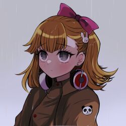 Rule 34 | 1girl, animal print, bear print, blonde hair, blush, bow, brown coat, closed mouth, coat, commentary request, grey background, hair bow, hair ornament, headphones, headphones around neck, highres, looking at viewer, master detective archives: rain code, panda print, pucci lavmin, rabbit hair ornament, short hair, simple background, solo, tozakura (tor nsgmk), upper body