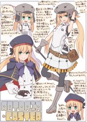 Rule 34 | 1girl, :d, @ @, arm behind head, arm up, armpits, arrow (symbol), artoria caster (fate), artoria caster (first ascension) (fate), artoria caster (second ascension) (fate), artoria pendragon (fate), bare shoulders, beret, black cape, black headwear, blonde hair, blush, bow, breasts, cabbie hat, cape, character name, chibi, commentary request, dress, fate/grand order, fate (series), gloves, green eyes, grey gloves, grey headwear, hair between eyes, hat, holding, hood, hood down, hooded cape, kopaka (karda nui), long hair, multiple views, nose blush, open mouth, pantyhose, purple bow, red cape, sleeveless, sleeveless dress, small breasts, smile, standing, standing on one leg, sweat, translation request, twintails, very long hair, wavy mouth, white background, white dress