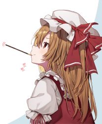 Rule 34 | 1girl, absurdres, closed mouth, flandre scarlet, food, hair between eyes, hat, highres, looking up, mamemochi, mob cap, pocky, pocky day, red eyes, simple background, smile, solo, touhou, upper body, white background, white hat