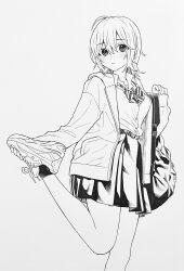 Rule 34 | 1girl, bag, long sleeves, monochrome, original, sakuma (skmsy34), school uniform, shirt, skirt, solo, standing, standing on one leg