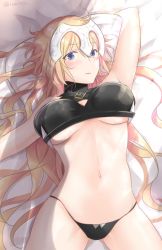 Rule 34 | 1girl, arm up, bare shoulders, bed sheet, black panties, blonde hair, blue eyes, blush, breasts, cleavage cutout, clothing cutout, cosplay, fate/apocrypha, fate (series), gluteal fold, headpiece, iwanaga tm, jack the ripper (fate/apocrypha), jack the ripper (fate/apocrypha) (cosplay), jeanne d&#039;arc (fate), jeanne d&#039;arc (ruler) (fate), large breasts, long hair, looking at viewer, lying, navel, on back, panties, pillow, solo, twitter username, underboob, underwear, very long hair
