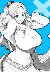 Rule 34 | 1girl, absurdres, belt, blue background, blue eyes, blush, breasts, cape, cleavage, closed mouth, commentary, cowboy shot, curvy, dress, eyelashes, greyscale with colored background, hands in hair, highres, large breasts, long hair, looking at viewer, nefertari vivi, one piece, parted bangs, ponytail, simple background, smile, solo, spot color, standing, wavy hair, yotsumi shiro