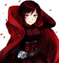 Rule 34 | 1girl, arm up, cape, corset, dress, frilled dress, frills, grey eyes, grin, hair between eyes, hooded, looking at viewer, petals, red cape, red dress, red hair, ruby rose, rwby, short dress, short hair, smile, solo, somechime (sometime1209), standing, swept bangs, white background