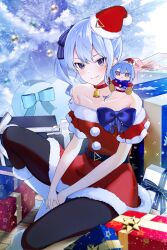 Rule 34 | 1girl, aya02ka, bell, belt, black belt, black pantyhose, blue bow, blue eyes, blue hair, blue nails, blue ribbon, blush, boots, bow, box, character doll, christmas tree, closed mouth, collar, collarbone, commentary request, dot nose, dress, fingernails, fur-trimmed dress, fur-trimmed footwear, fur trim, gift, gift box, hair ribbon, hat, heart-shaped box, highres, hololive, hoshimachi suisei, knee up, long hair, looking at viewer, nail polish, neck bell, pantyhose, pom pom (clothes), red collar, red dress, red hat, ribbon, santa costume, santa hat, side ponytail, sitting, smile, solo, split mouth, star (symbol), star in eye, symbol in eye, virtual youtuber, white footwear, wooden floor
