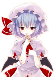 Rule 34 | 1girl, ascot, bat wings, blood, blood on clothes, blue hair, bow, buttons, cowboy shot, dress, female focus, frilled dress, frills, hat, hat bow, hat ribbon, illyasviel von einzbern, kusano houki, looking at viewer, mob cap, puffy short sleeves, puffy sleeves, red eyes, remilia scarlet, ribbon, short hair, short sleeves, simple background, solo, touhou, white background, wings