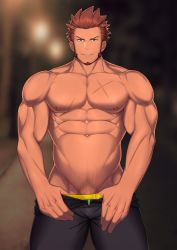 Rule 34 | 1boy, absurdres, alternate costume, bara, blue eyes, brown hair, facial hair, fate/grand order, fate (series), goatee, highres, large pectorals, long sideburns, looking at viewer, male focus, mikicat, muscular, napoleon bonaparte (fate), navel, nipples, pants, pectorals, penis, penis peek, police, police uniform, sideburns, simple background, smirk, solo, topless male, undressing, uniform