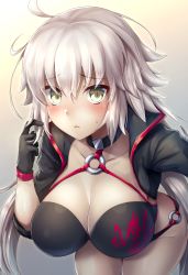 Rule 34 | 1girl, absurdres, ahoge, bent over, bikini, black bikini, black jacket, blush, breasts, choker, cleavage, collarbone, commentary request, contemporary, cowboy shot, fate/grand order, fate (series), highres, jacket, jeanne d&#039;arc alter (swimsuit berserker) (fate), jeanne d&#039;arc (fate), jeanne d&#039;arc alter (fate), jeanne d&#039;arc alter (swimsuit berserker) (fate), large breasts, long hair, looking at viewer, midriff, o-ring, open mouth, pale skin, samoore, shrug (clothing), solo, swimsuit, thighs, very long hair, yellow eyes