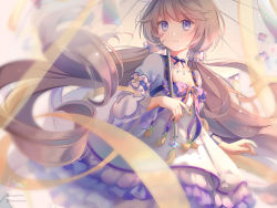 Rule 34 | 1girl, artist name, blue ribbon, breasts, collarbone, commentary request, dress, flower, hair between eyes, hair flower, hair ornament, highres, holding, holding umbrella, houchi shoujo, kamui (kamuikaoru), layered dress, light brown hair, long hair, long sleeves, looking at viewer, low twintails, neck ribbon, purple eyes, ribbon, small breasts, solo, twintails, umbrella, very long hair, white dress