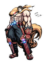Rule 34 | 152 in can, abs, absurdres, bara, brown eyes, brown hair, fate/grand order, fate (series), gauntlets, highres, looking ahead, male focus, muscular, muscular male, pectorals, smile, solo, super orion (fate), topless male, translation request, white background