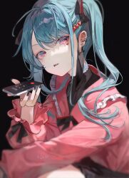 Rule 34 | 1girl, absurdres, black background, black nails, blue hair, cellphone, chyoel, hair ornament, heart, heart-shaped pupils, heart hair ornament, highres, jirai kei, long hair, looking at viewer, phone, pink eyes, pink shirt, shirt, smartphone, solo, symbol-shaped pupils, talking on phone, vampire (vocaloid), vocaloid
