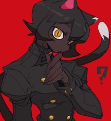 Rule 34 | 1girl, animal ears, black fur, black hair, bone nig, borrowed character, breasts, cat ears, cat girl, cat tail, flat color, frown, furry, high collar, highres, looking at viewer, original, red background, red eyes, slit pupils, solo, tail, yellow eyes