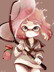 Rule 34 | 1girl, artist name, black shorts, brown background, bubble, closed mouth, frown, grey eyes, holding, holding racket, inkling, inkling girl, inkling player character, long sleeves, looking up, nintendo, pink hair, plum0o0, racket, sailor collar, school uniform, shirt, short hair, short shorts, shorts, simple background, solo, splatoon (series), splatoon 2, tentacle hair, upper body, white shirt