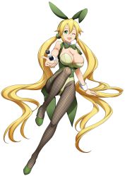 Rule 34 | 1girl, animal ears, artist request, blonde hair, bow, bowtie, detached collar, fake animal ears, fake tail, fishnet pantyhose, fishnets, green eyes, high heels, highres, leafa, leotard, long hair, official art, pantyhose, playboy bunny, ponytail, rabbit ears, rabbit tail, simple background, strapless, strapless leotard, sword art online, tail, very long hair, white background