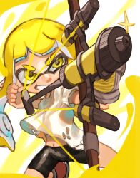 Rule 34 | 1girl, bike shorts, blonde hair, bow (weapon), commentary request, highres, holding, holding bow (weapon), holding weapon, inkling, inkling girl, inkling player character, long hair, navel, nintendo, paint, shirt, smile, solo, sparkle, splatoon (series), splatoon 3, takiitoon, teeth, tentacle hair, torn clothes, torn shirt, tri-stringer (splatoon), weapon, white background, white shirt, yellow eyes