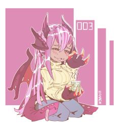 Rule 34 | 1girl, :3, animal ears, animal hands, artist name, blue pants, chibi, claws, commentary, cup, dragon horns, dragon wings, english commentary, extra mouth, fins, half-closed eyes, hand up, head fins, heart, highres, holding, horns, jabberwock (monster girl encyclopedia), long hair, looking at viewer, monster girl, monster girl encyclopedia, multicolored hair, pants, parted lips, pink background, pink hair, purple hair, ramenwarwok, red eyes, seiza, sitting, smile, solo, streaked hair, sweater, tentacles, wings, yellow sweater