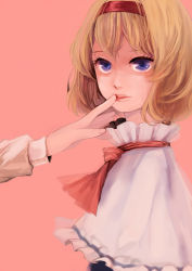 Rule 34 | 1girl, alice margatroid, blonde hair, female focus, finger to another&#039;s mouth, finger to mouth, hairband, hand on another&#039;s face, lips, meeeeeji, meiji (charisma serve), purple eyes, shaded face, short hair, simple background, solo focus, touhou